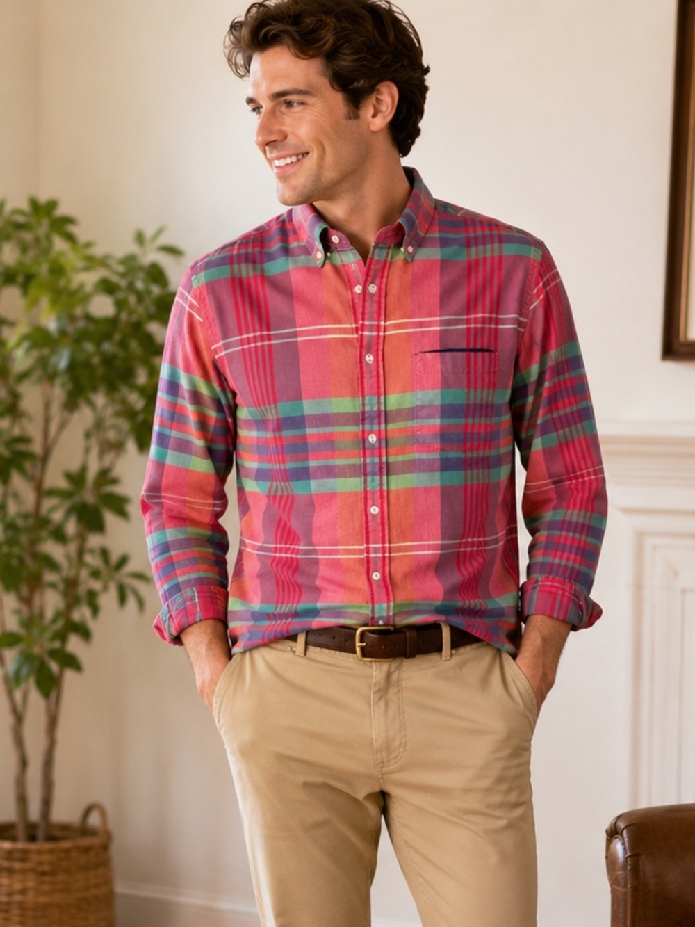 J.Crew Pink Red Green Plaid Cotton Button Down Shirt Men’s Size M Preppy Classic